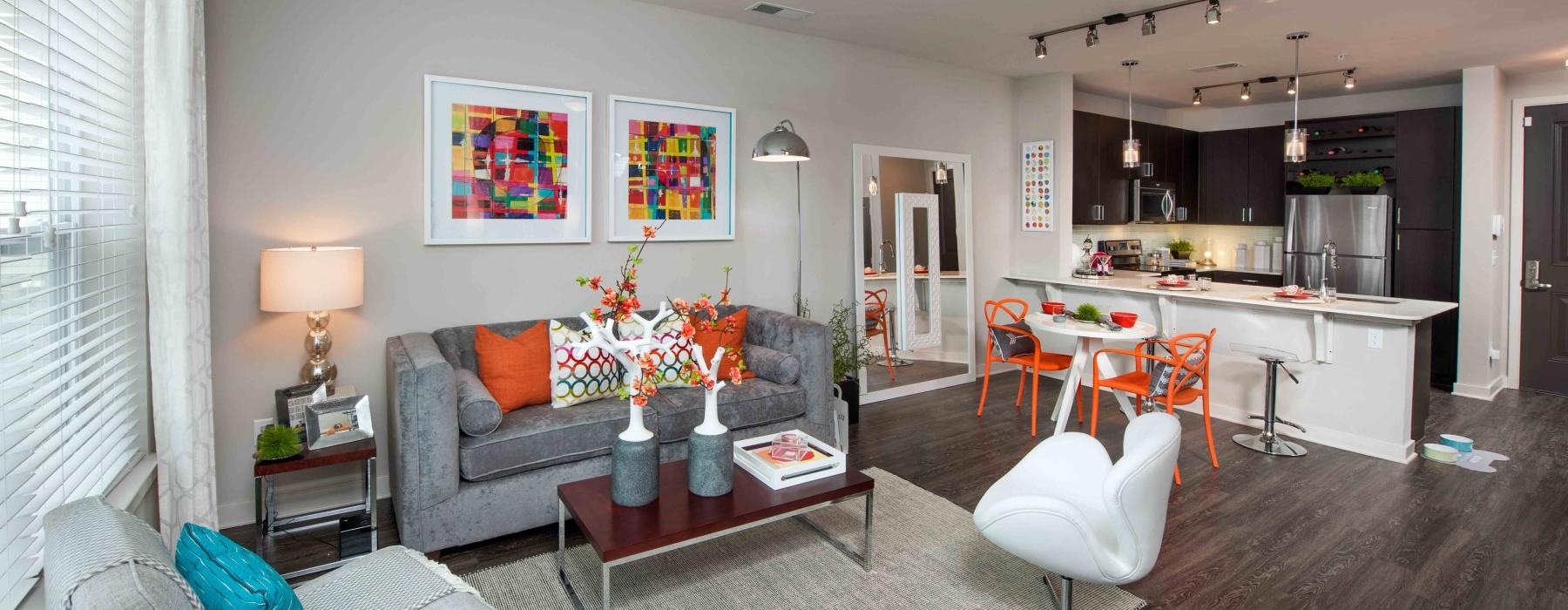 a living room with a fan